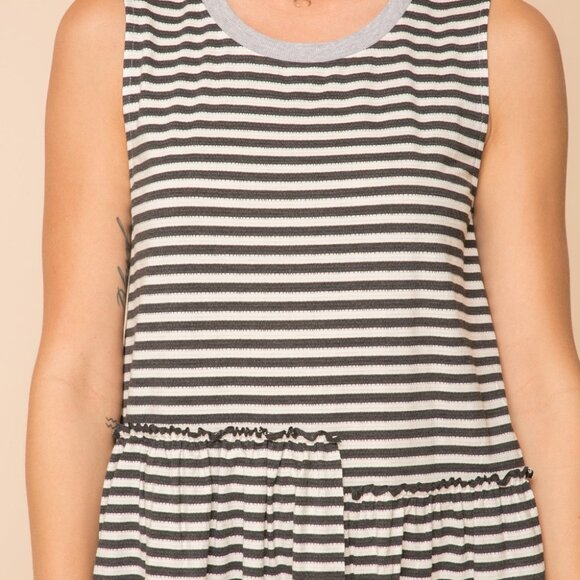 HEM & THREAD lack & White Striped Peplum Tank Top, Sleeveless Ruffle Hem Blouse - Picture 6 of 6